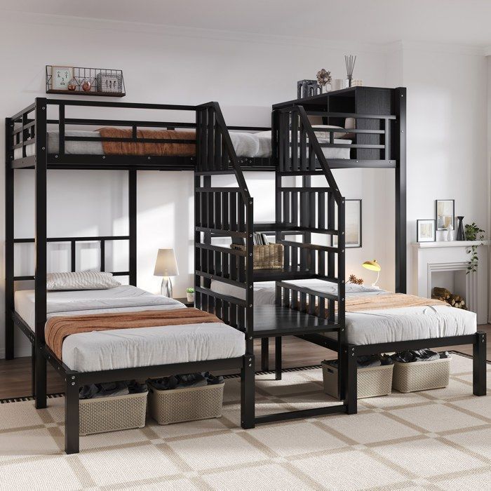 Lit superposé 4 places 90x200cm/140x200cm Lit enfant avec sommier Lit mezzanine avec rangement au chevet Cadre métal noir