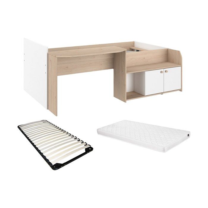 Lit combiné 90 x 190/200 cm - Coloris : Naturel et blanc + Sommier + Matelas - MIVONA Lit combiné 90 x 190/200 cm - Coloris : Naturel et blanc + Sommier + Matelas - MIVONA