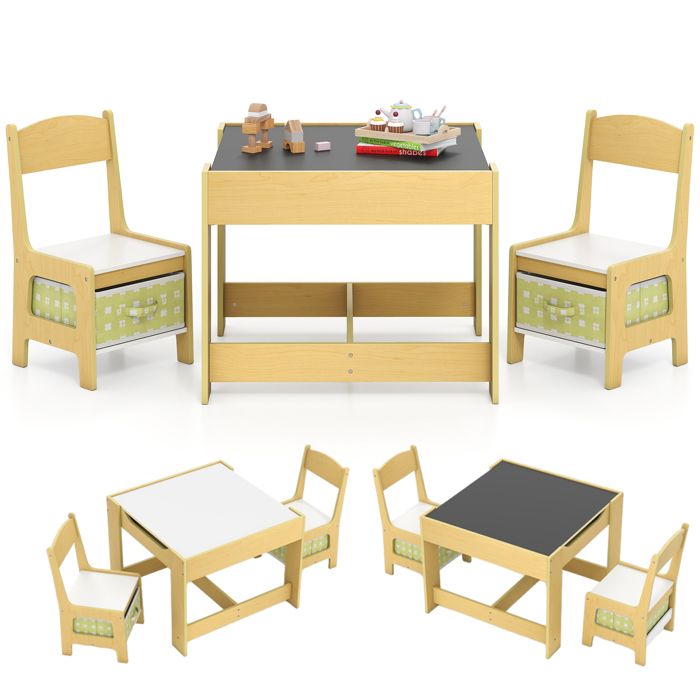 GOPLUS Table Enfant et 2 Chaises -Table Double Face avec Tableau Noir-Table dActivité Chaises Rangées sous Table-Vert
