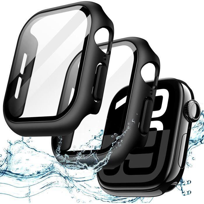 Coque étanche - WOODOURS - Apple Watch Series 11/10 46mm - Protection écran - Verre trempé - Lot de 2 Noir HOUSSE MONTRE CONNECTEE