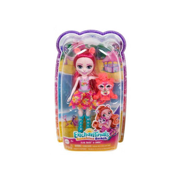 Enchantimals - Poupee Texie Tigre 15 cm tenue plage et Figurine Animal Sabre - Sunshine Beach - Set Jouet Enfant et Carte