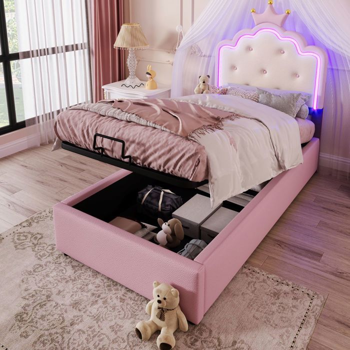 Lit enfant fille - SOGEU - Design Princesse - 90 x 200 cm - Similicuir PU capitonné - Coffre hydraulique & LED