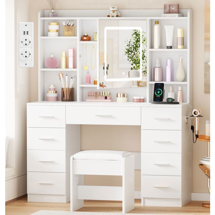 BEWISHOME Coiffeuse avec Tabouret et Miroir de Porte 2 Port USB et 2 Prise 9 Tiroirs de Rangement Blanc 110×40×145cm