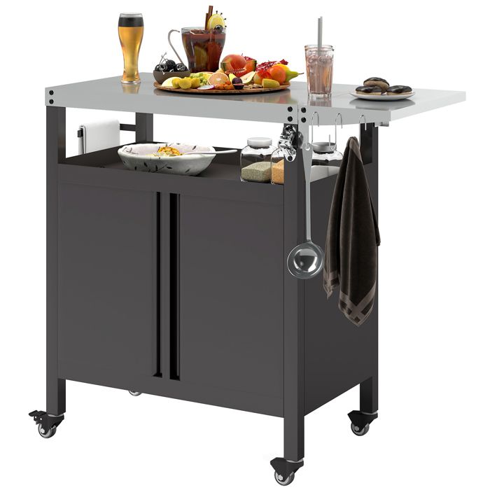 Chariot de barbecue avec plateau en acier inoxydable tablette pliable et crochets 116 x 50 x 93 cm noir