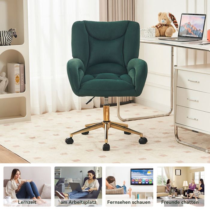 005 Full KD Matériau velours Chaise pivotante réglable en hauteur pour le bureau à domicile à lintérieur avec pieds dorés vert