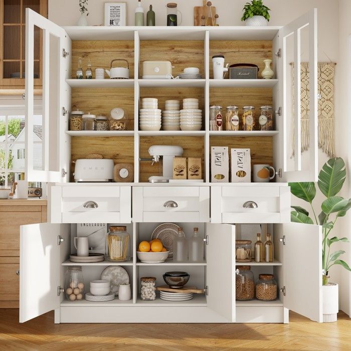Buffet Haut Rangement Moderne-Vitrine et Tiroirs Pratiques-Structure Stable-Blanc 140x38.5x175cm-Organisation Cuisine Salon Buffet Haut Rangement Moderne-Vitrine et Tiroirs Pratiques-Structure Stable-Blanc 140x38.5x175cm-Organisation Cuisine Salon