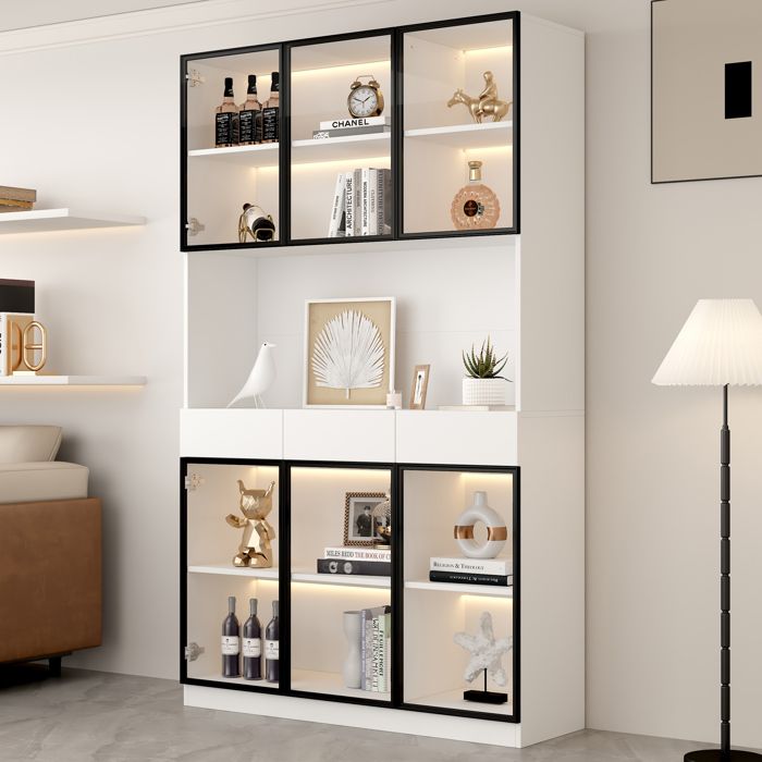 Vitrine en verre avec éclairage LED - MODERNLUXE - 120x36x200 cm - 6 portes vitrées - 3 tiroirs - Blanc Vitrine en verre avec éclairage LED - MODERNLUXE - 120x36x200 cm - 6 portes vitrées - 3 tiroirs - Blanc
