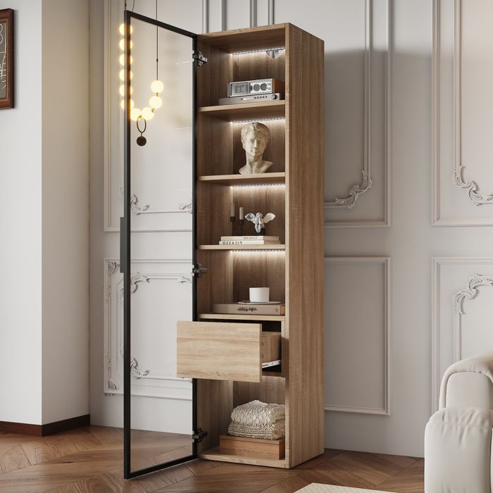 Vitrine 40x34.5x165 cm colonne rangement porte en verre tiroir compartiments MDF couleur naturelle