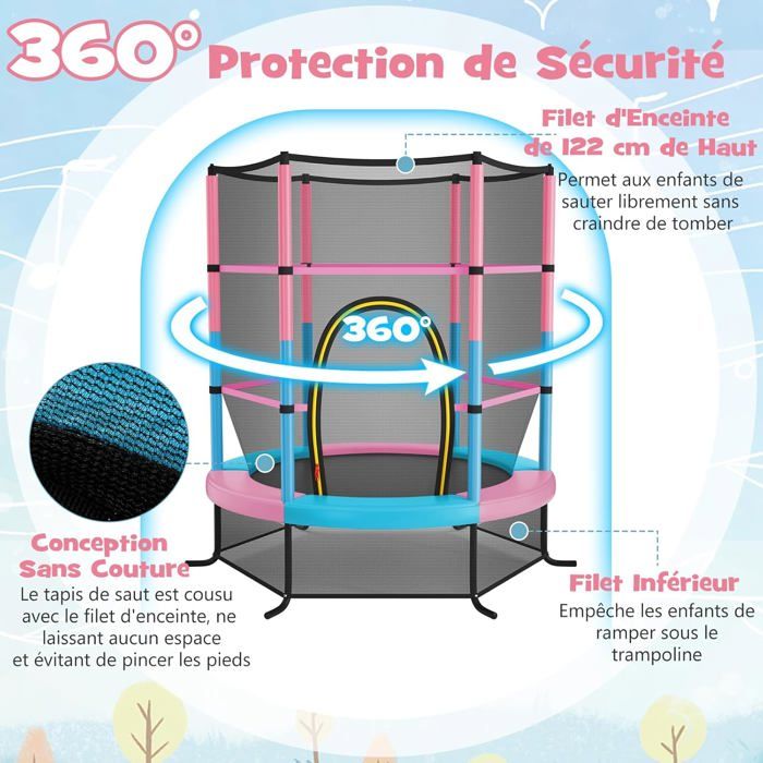 GIANTEX Trampoline Extérieur Enfant Ø165cm Cadre en Acier avec Filet de Sécurité Charge 45KG (Rose+BleuHauteur 165cm)