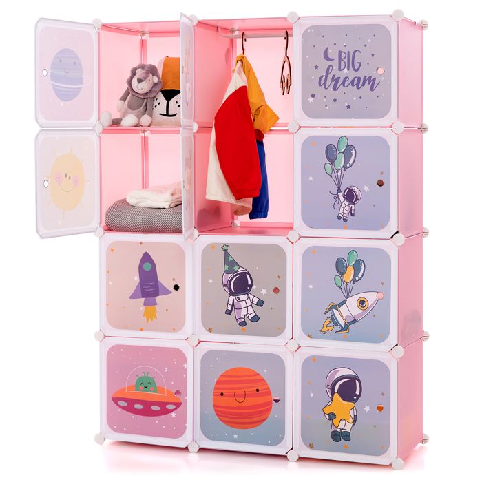 COSTWAY Armoire Meuble de Rangement pour Enfants 12 Cubes avec 2 Section Penderie Joli Assemblage facile 109 x 37 x 145cm Rose