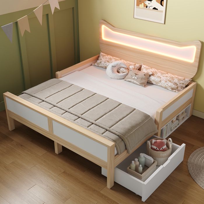 Lit enfant double - MERAX - Tête de lit chat LED RGB 140x200 - Bois pin/MDF blanc & chêne - Tiroir modulable gauche/droite
