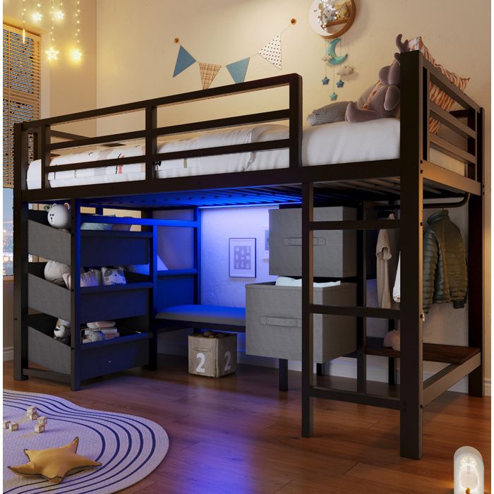 Lit 90x200 cm mi-hauteur en métal noir avec coussin d’assise LED et rangements