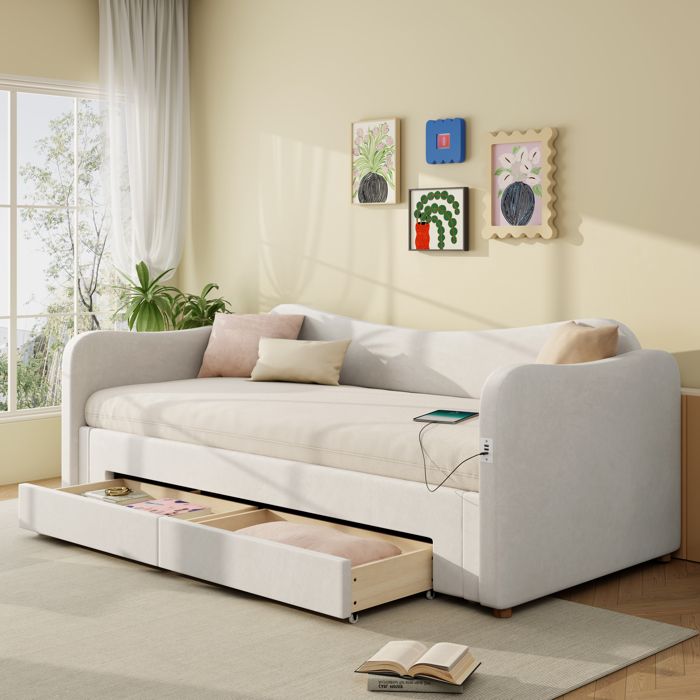 Luscriate - Lit capitonné 90x200 cm Canapé-lit extensible 180 cm 2 tiroirs rangement USB velours - Beige