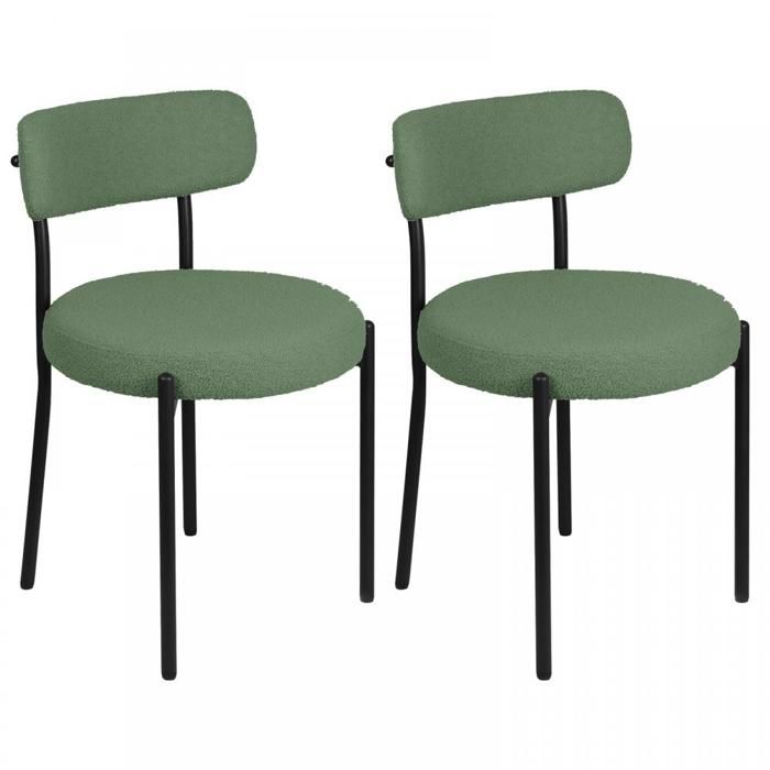 Lot de 2 Chaises de Salle à Manger en Tissu Teddy Vert - Assise Rondes et Dossier Confortables - Scandinave pour Salon et Cuisine