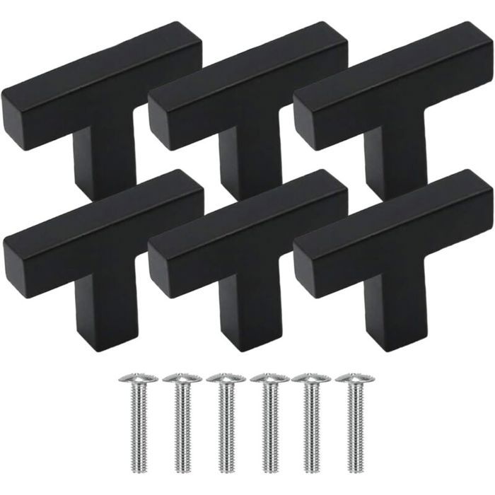 Bouton de meuble - PZCC - Lot de 6 - Inox brossé - 50x12x35 mm - Noir