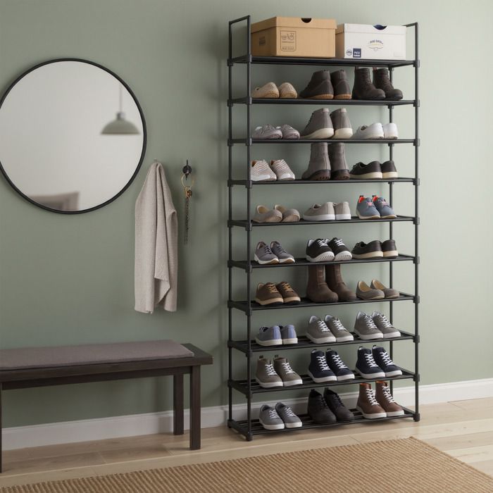 Meuble à Chaussures 10 Niveaux en Métal Gain de Place pour Couloir Noir Meuble à Chaussures 10 Niveaux en Métal Gain de Place pour Couloir Noir