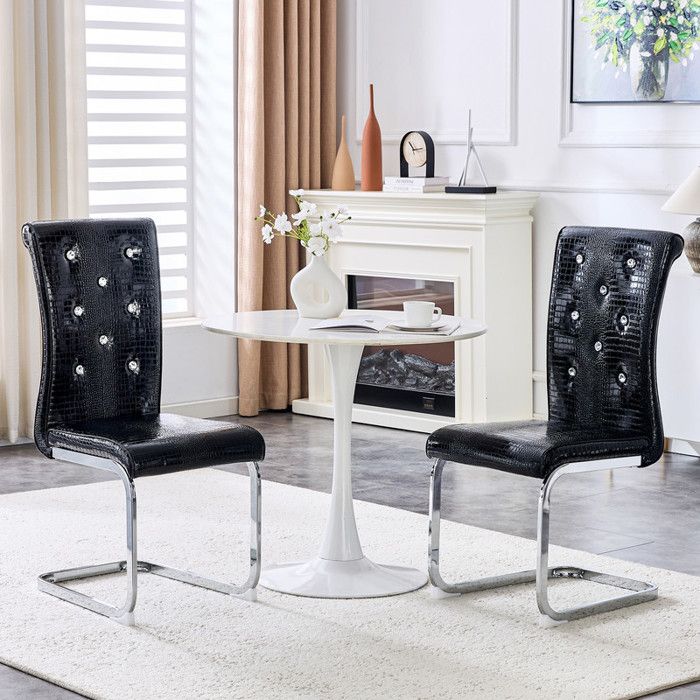 Chaises de salle à manger élégantes - Ensemble de 2 - Rembourrage peau dalligator - Boucle en cristal - Similicuir noir