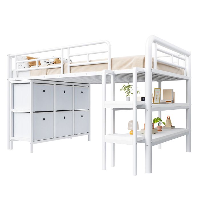 HAVRYA Lit Mezzanine 90x200 cm Simple Enfant avec Rangements Intégrés Angles Arrondis Métal et MDF Blanc Sans Matelas