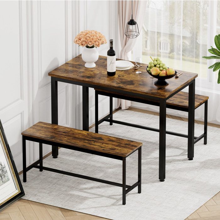 Ensemble table de cuisine 110x60x75cm avec 2 bancs et chaises style rustique industriel brun et noir