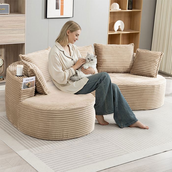 Canapé incurvé 3 places 250x152x82 cm en velours côtelé avec 2 porte-gobelets poches latérales et coussin - Kaki