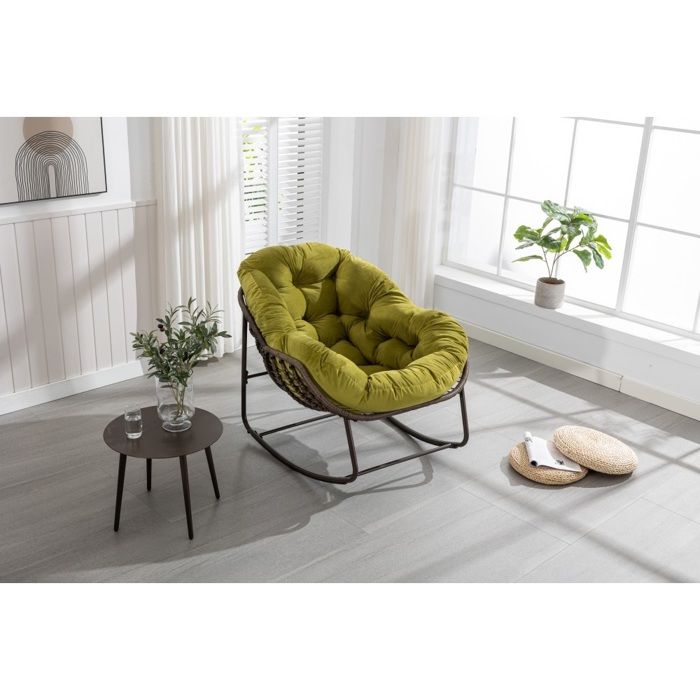 Fauteuil Bascule Rotin Vert Olive 90x106x78cm Coussin Rembourré Confortable Véranda Salon Terrasse Jardin Extérieur Fauteuil Bascule Rotin Vert Olive 90x106x78cm Coussin Rembourré Confortable Véranda Salon Terrasse Jardin Extérieur