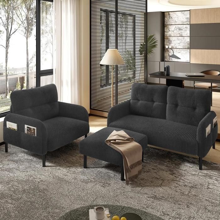 Ensemble de canapé - KOMHTOM - KOMHTOM - Velours côtelé gris - 2 places + fauteuil + pouf - Dossier extra moelleux Ensemble de canapé - KOMHTOM - KOMHTOM - Velours côtelé gris - 2 places + fauteuil + pouf - Dossier extra moelleux