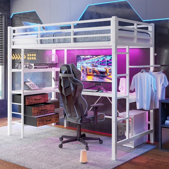 Lit superposé - PAGE Living - 90x200 cm - LED intégrée - Bureau avec prises USB