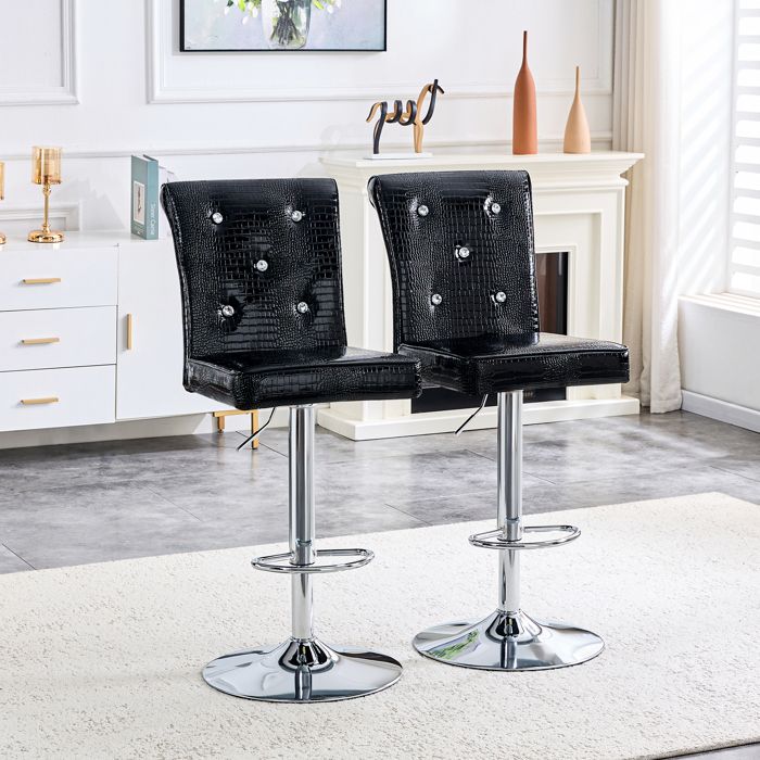 Lot de 2 Tabourets de Bar Noirs en Simili Cuir Crocodile - Chaises de Bar Réglables et Pivotantes avec Strass Cristal