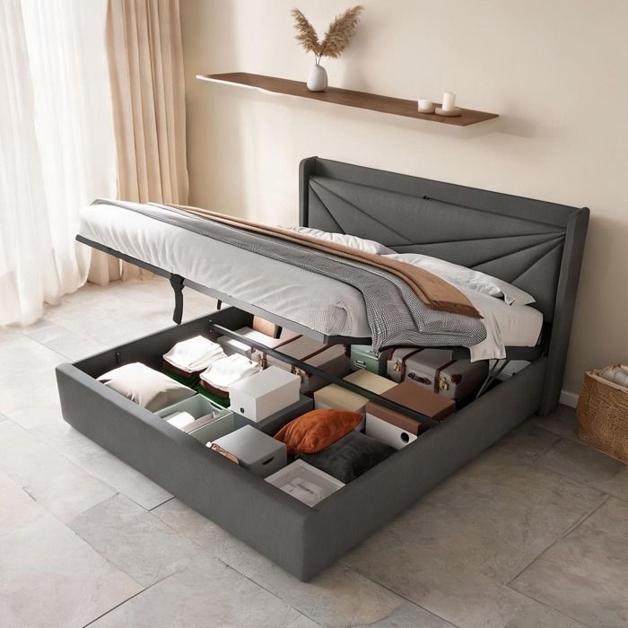 Lit double 180x200 cm avec coffre USB-C et tête de lit capitonnée en lin gris ardoise