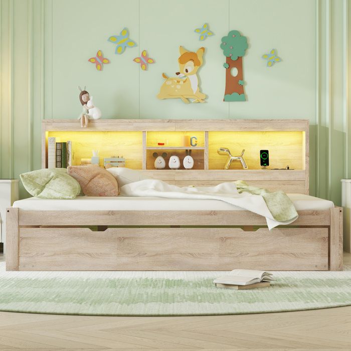 Lit adulte 140x200 cm avec lit gigogne canapé-lit éclairage LED prise USB rangement sommier inclus bois naturel