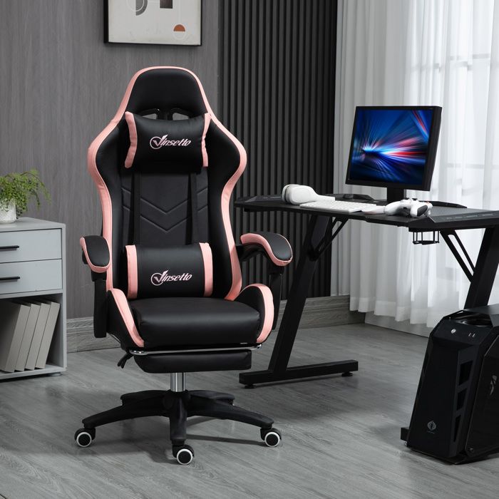 Chaise de bureau gaming rose et noir avec appuie-tête et support lombaire