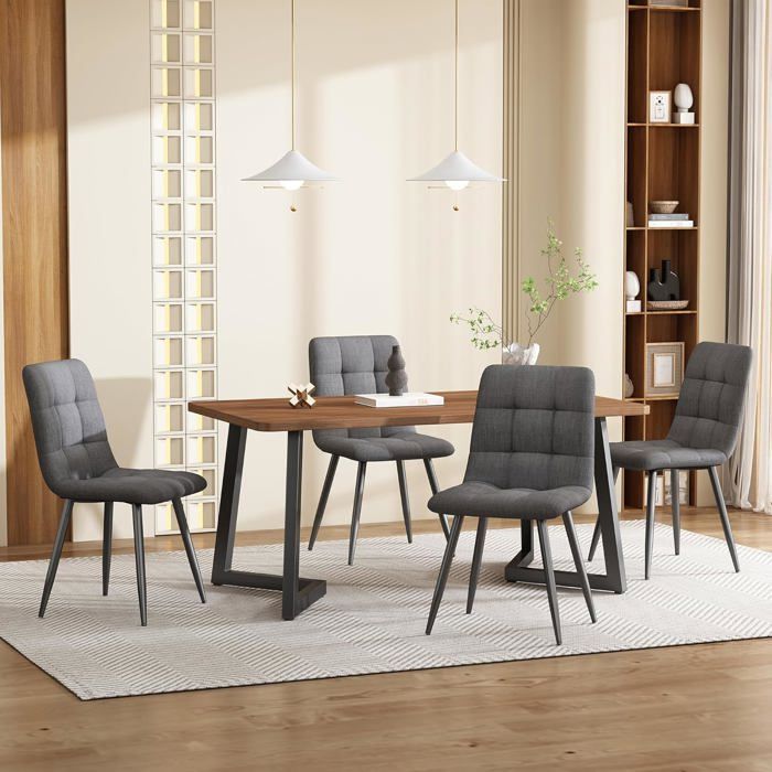 Ensemble Table et Chaises(5 Pièces)-Table de Salle à Manger aux Pieds Noirs 4 Chaises de Gris Twill Velours - (Noyer et Gris)