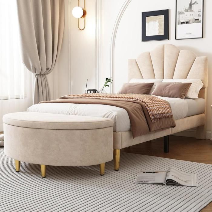 Lit - KOMHTOM - Tête coquillage ajustable - Velours beige - Sommier lattes 90x200 - Banquette avec rangement Lit - KOMHTOM - Tête coquillage ajustable - Velours beige - Sommier lattes 90x200 - Banquette avec rangement