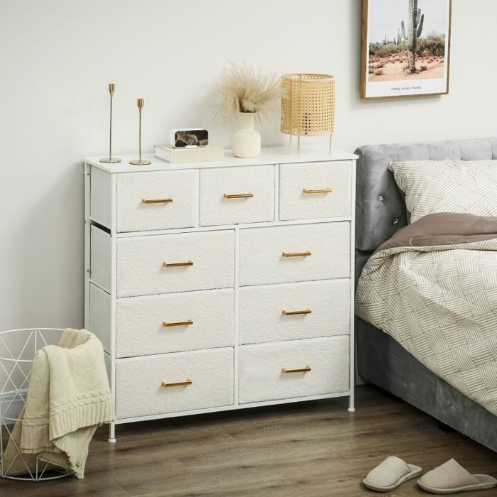 Commode 9 tiroirs en tissu blanc creme 100 x 30 x 99 cm avec poignees dorees et structure metallique