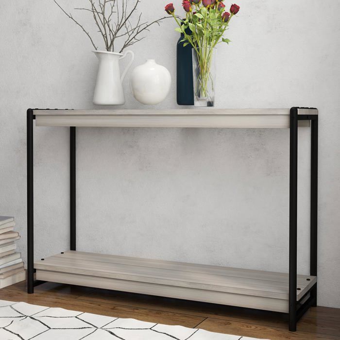 Console 40″ 2 niveaux étagère rustique campagne gris étroite derrière canapé entrée salon couloir