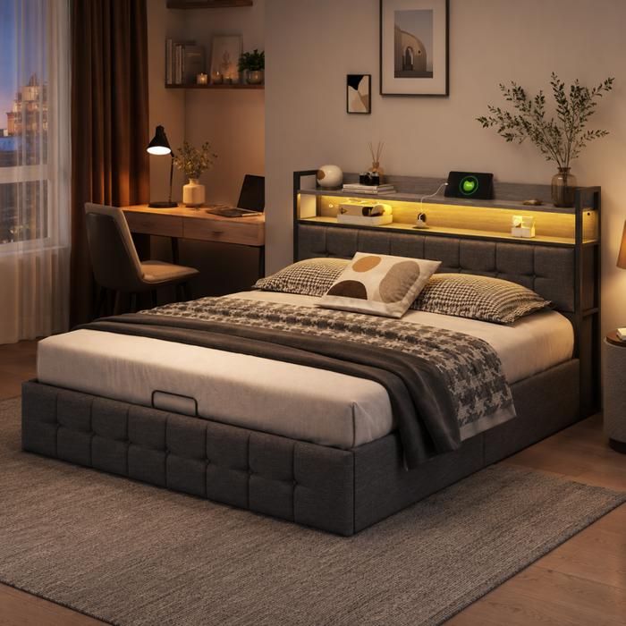 Lit Double 140x190 Lit Coffre Hydraulique avec LED et ports USB Tête de Lit avec Etagères Ouvertes Sommier à Lattes Lin Gris