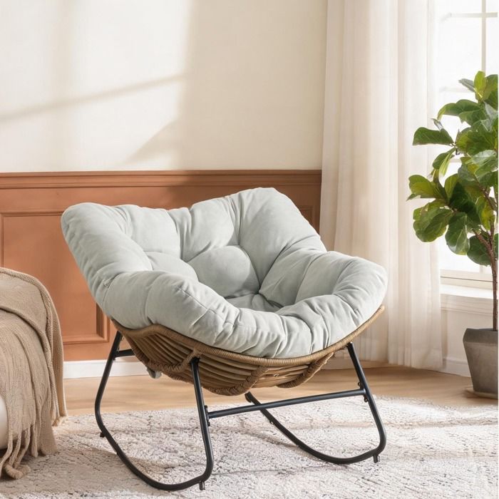 Fauteuil à bascule cocon en chenille soft blue structure métal pour salon et chambre