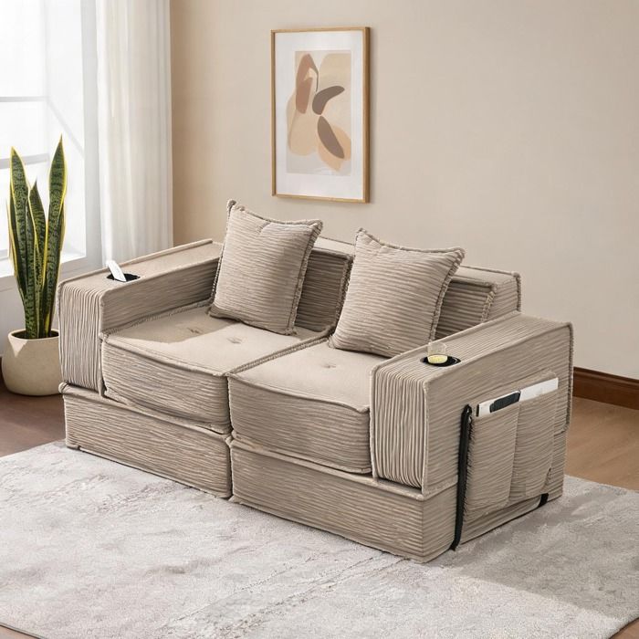 Canapé convertible 2 places en velours côtelé beige 163×78×66 cm avec pouf de rangement