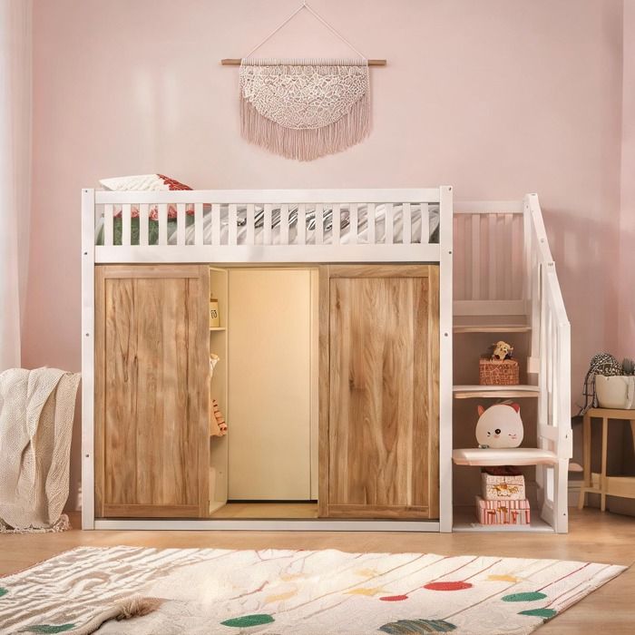 Lit mezzanine bois massif 90x200 cm avec armoire et escalier-peigne finition blanc et chêne