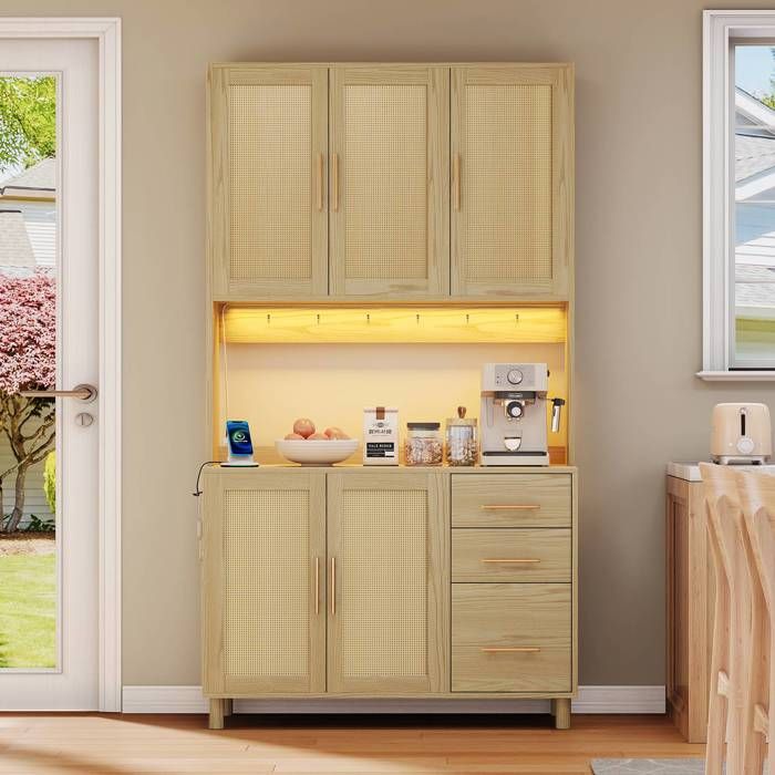 Buffet de cuisine 183 cm avec éclairage led prises usb tiroirs et étagères réglables poignées dorées