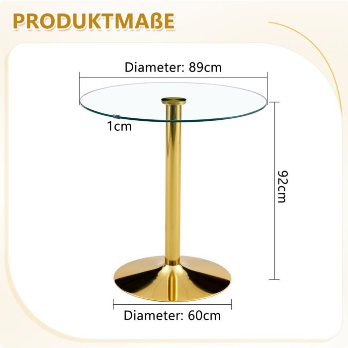 VUENOR table haute ronde 89 cm or et transparent – verre trempé sans matelas