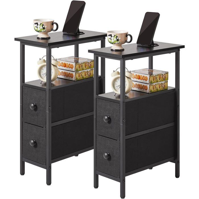 Table dappoint lot de 2 - table de chevet ultra-fine 40 x 20 x 60 cm avec 2 tiroirs en tissu et étagère ouverte finition noir