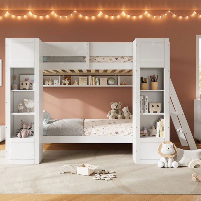 Lit superposé 90x200 cm lit enfant avec 2 placards frontaux étagère suspendue échelle réversible et protection antichute blanc
