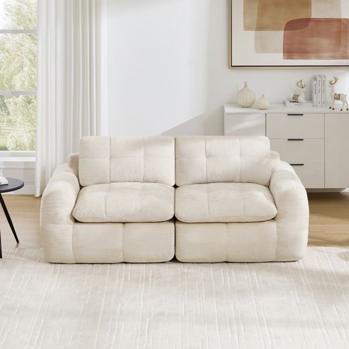 Canapé modulable canapé 2 places capitonnage carré mousse haute 32D chenille assise profonde minimaliste sans montage beige