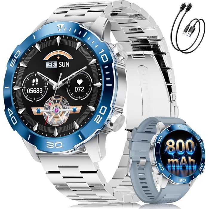 Montre Connectée Homme 1 43 HD AMOLED Batterie 800 mAh Appels Bluetooth 170+ Sports Cardio 24/7 IP68 Android iOS 2 Bracelets Argent Montre Connectée Homme 1 43 HD AMOLED Batterie 800 mAh Appels Bluetooth 170+ Sports Cardio 24/7 IP68 Android iOS 2 Bracelets Argent