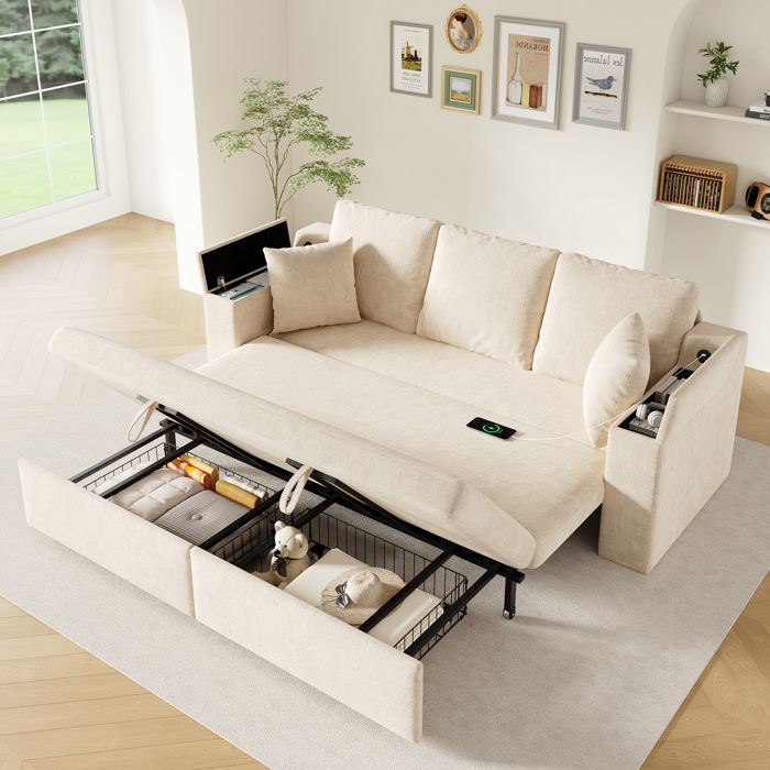 Canapé convertible 3 places avec rangement Fonction lit escamotable USB et Type-C Accoudoirs avec rangement Chenille Beige