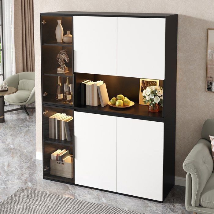 Buffet Haut Vaisselier 120 cm avec Vitrine LED Rangements Vitrés et Fermés Noir et Blanc Buffet Haut Vaisselier 120 cm avec Vitrine LED Rangements Vitrés et Fermés Noir et Blanc
