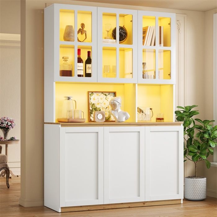 Vitrine 120x38x200cm - Buffet vaisselier avec portes vitrées à croisillons LED et plateau bois - Blanc et naturel Vitrine 120x38x200cm - Buffet vaisselier avec portes vitrées à croisillons LED et plateau bois - Blanc et naturel