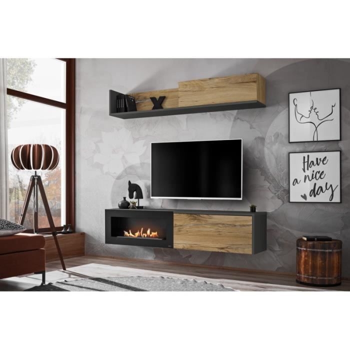 Meubles TV - AC-DÉCO - Dallas - 2 meubles muraux - Cheminée bioéthanol - Gris/Beige