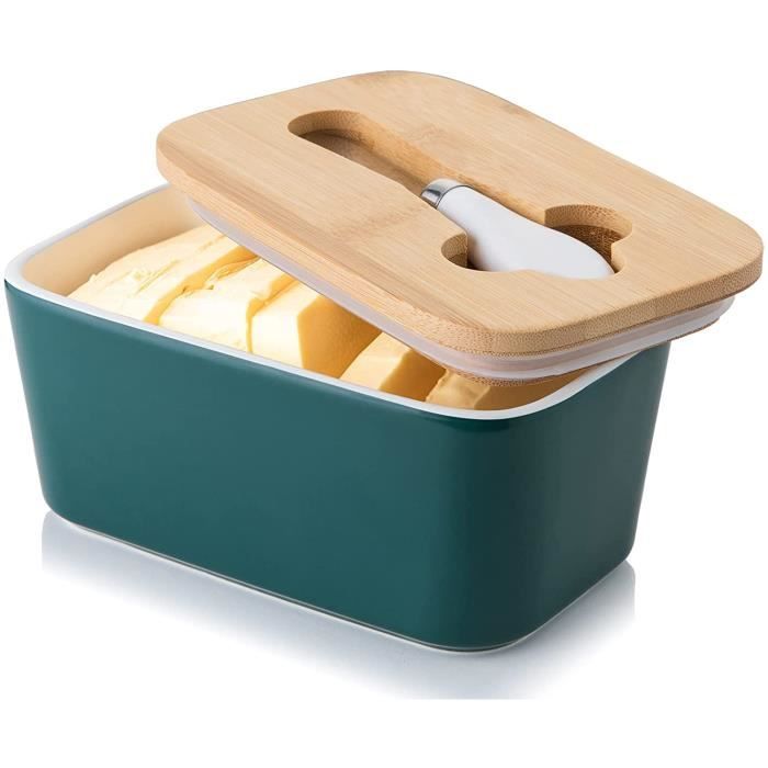 Beurrier En Émail Avec Couvercle Bois – Beurrier Fermé Élégant 15×9×5,5 Cm Pour Conservation Fraîcheur
